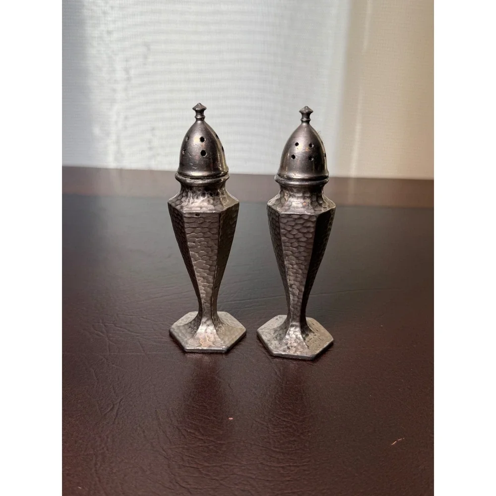 Vintage Hammered Pewter Salt and Pepper Shakers Art Deco Hexagonal Base Set